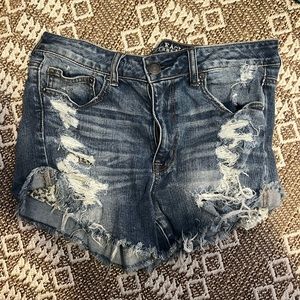 Distressed, sequin, stretch jean shorts